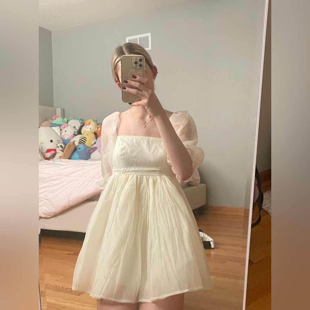 Cream/White Puff-Sleeve Babydoll Mini Dress Forever 21